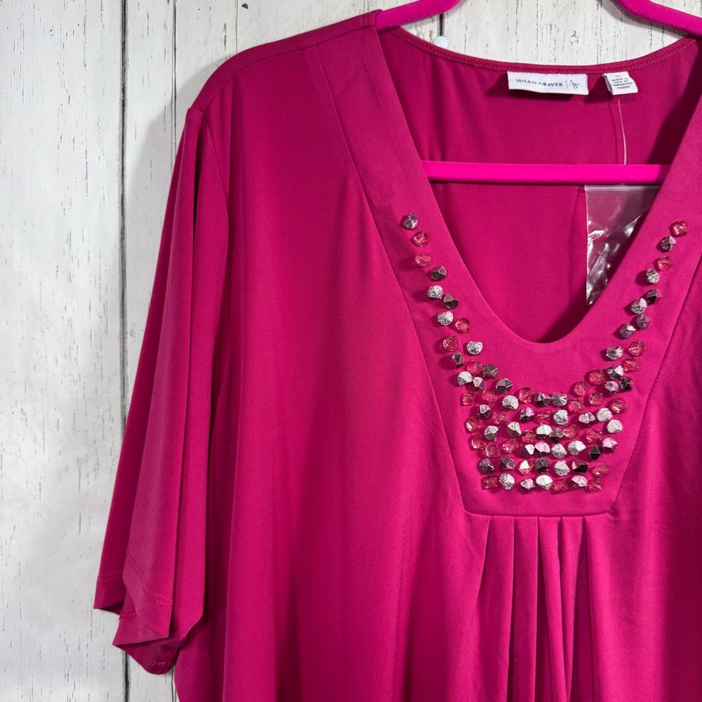 Susan Graver Liquid Knit Pink Embellished Tunic Top 3X Glam Resortwear Feminine - Picture 2 of 13